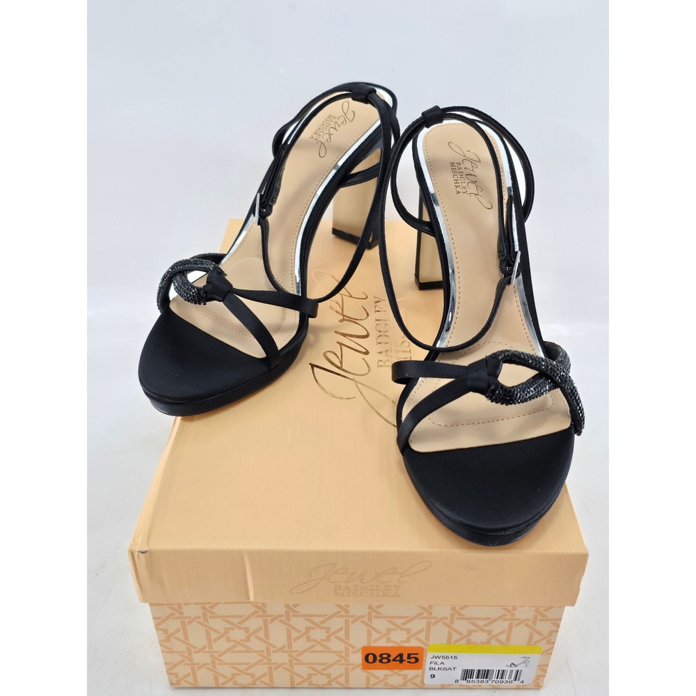 Jewel Badgley Mischka Fila Sandals Womens 9 Black Satin Crystal Block Heel - NEW